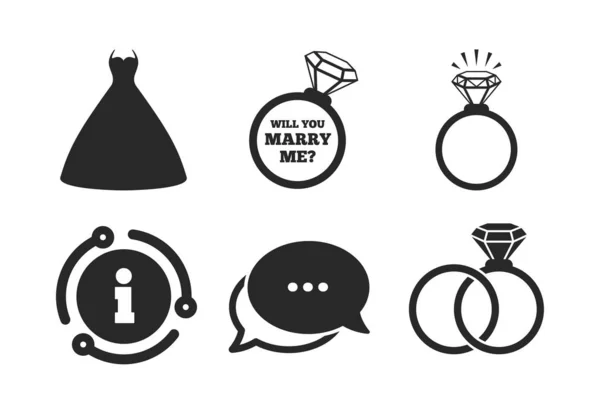 Bruiloft jurk pictogram. Bruid en bruidegom ringen symbool. Vector — Stockvector
