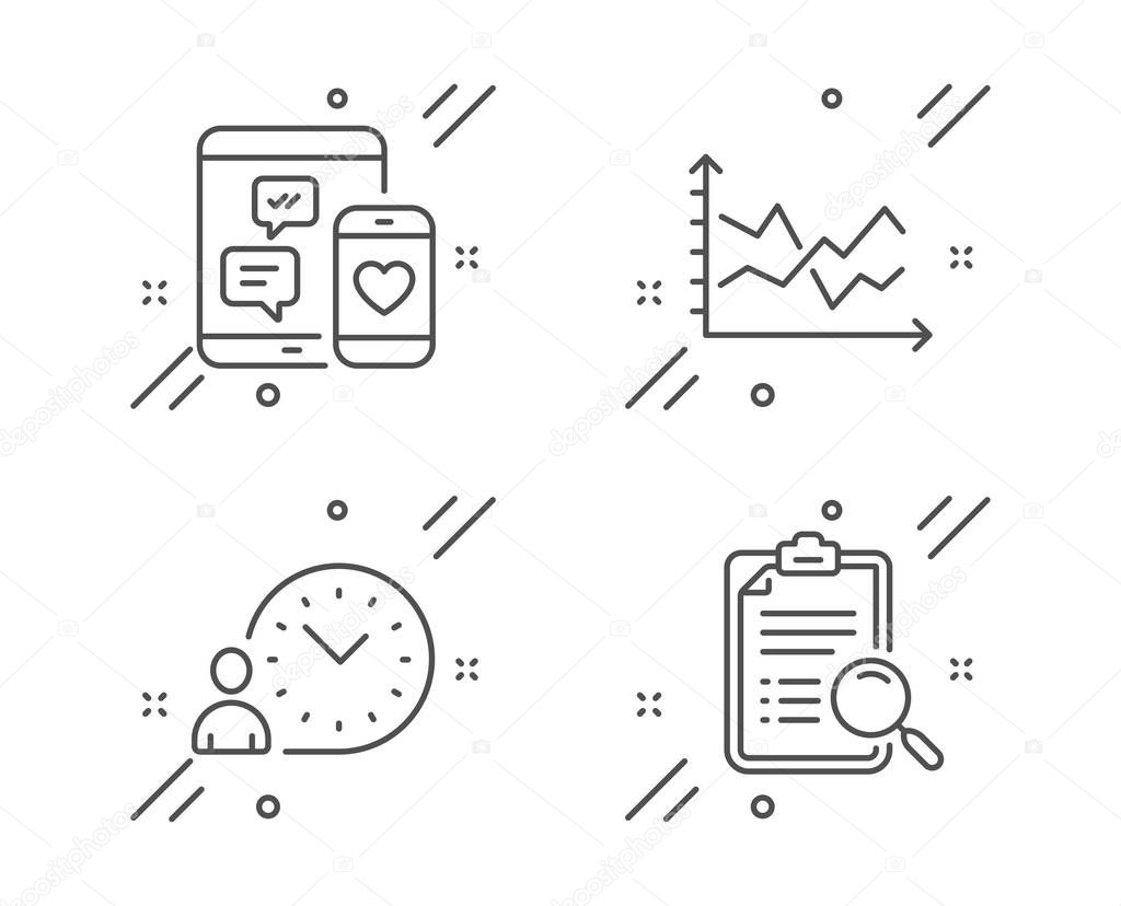 Diagram chart, Social media and Time management icons set. Search analysis sign. Vector
