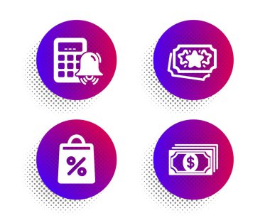 Alışveriş çantası, Sadakat noktaları ve Hesap Makinesi alarm simgeleri ayarlayın. Ödeme işareti. Vektör