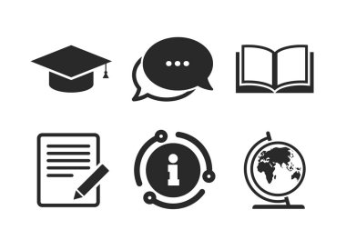 Kalem ve açık kitap işaretleri. Mezuniyet şapkası simgesi. Vektör