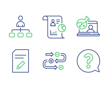 Belgeyi, Yönetim ve Anket ilerleme simgelerini ayarlayın. Rapor, Çevrimiçi kimya ve Soru işareti işaretleri. Vektör