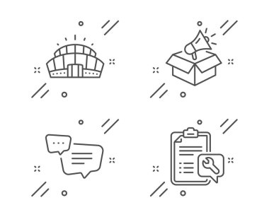 Megafon kutusu, Metin mesajı ve Arena stadyum simgeleri ayarlayın. Spanner işareti. Vektör