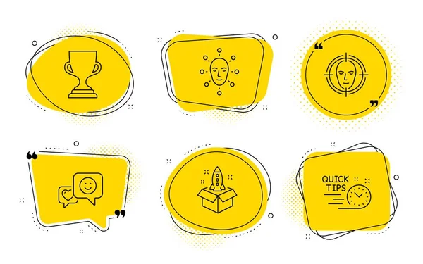 Smile, Award cup and Face biometrics icons set. Startup, Face detect and Quick tips signs. Vector — Stock Vector