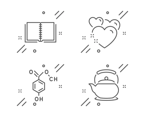 Fórmula química, conjunto de ícones de livro e coração. Sinal de bule. Química, curso de E-learning, Amor. Chaleira de chá. Vetor — Vetor de Stock