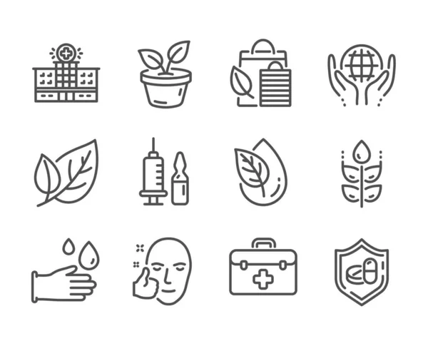 Set di icone sanitarie, come Bio shopping, Edificio ospedaliero, Prodotto biologico. Vettore — Vettoriale Stock
