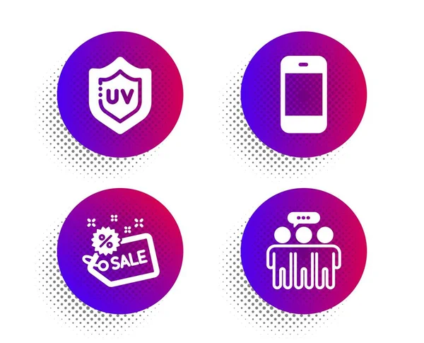 Protection UV, Smartphone et vente icônes ensemble. Groupe d'employés signe. Vecteur — Image vectorielle