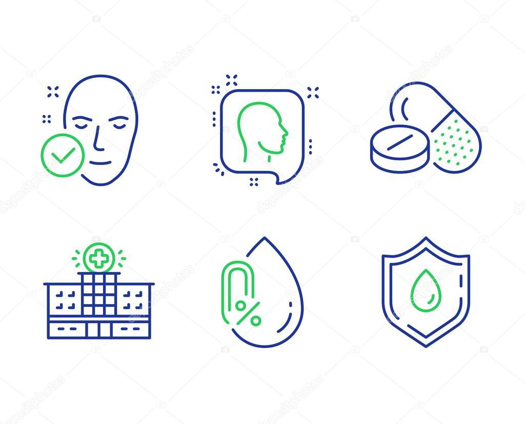 Medical drugs, No alcohol and Health skin icons set. Head, Hospital building and Blood donation signs. Vector