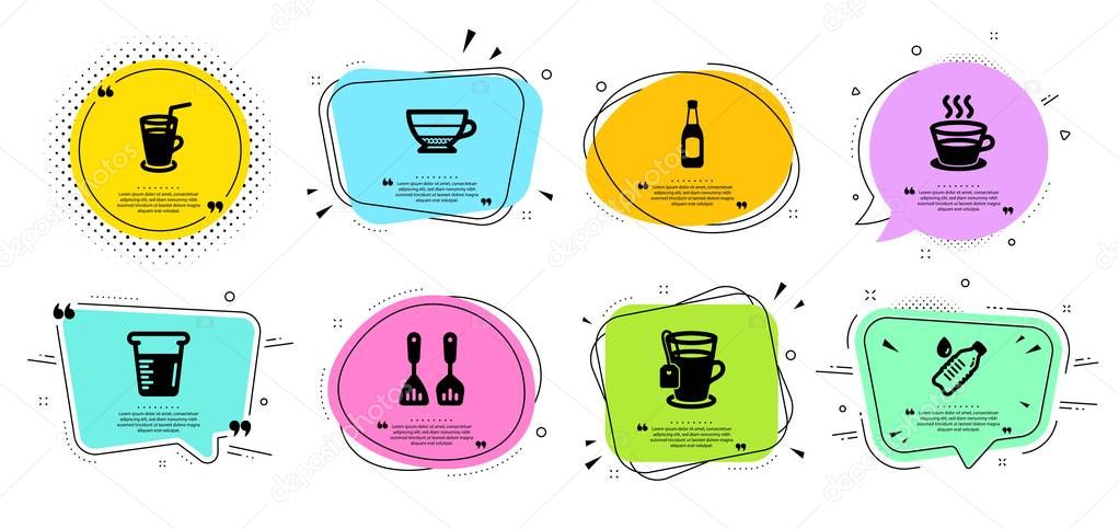 Cooking cutlery, Cooking beaker and Water bottle icons set. Coffee cup, Cocktail and Tea signs. Vector