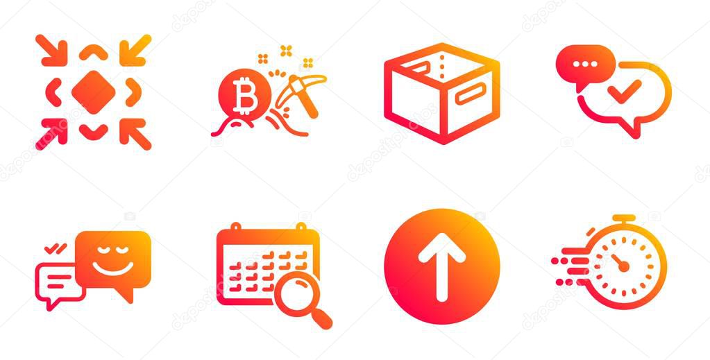 Minimize, Office box and Search calendar icons set. Swipe up, Bitcoin mining and Happy emotion signs. Vector