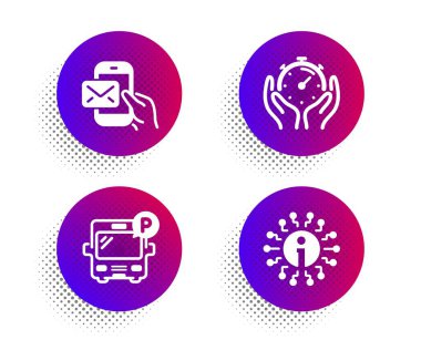 Zamanlayıcı, Messenger posta ve Otobüs park simgeleri ayarlayın. Bilgi işareti. Son tarih yönetimi, Yeni e-posta, Kamu park. Vektör