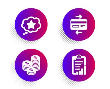 Kredi kartı, Sadakat yıldızı ve Madeni Para simgeleri ayarlayın. Kontrol listesi işareti. Banka ödemesi, Bonus ödülü, Nakit para. Vektör