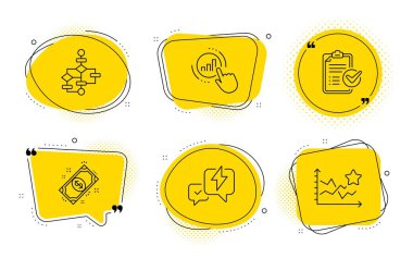 Grafik grafiği, Blok diyagramı ve Anket denetim listesi simgeleri ayarlayın. Ödeme, Şimşek ve Sıralama yıldız işaretleri. Vektör