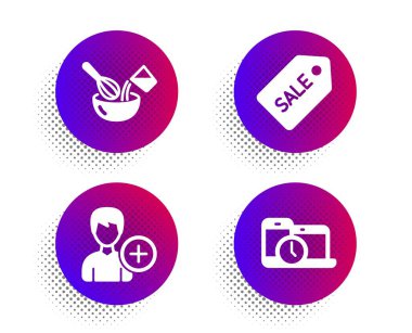 Satış bileti, Kişi ekle ve Pişirme fırçası simgeleri ayarlayın. Zaman yönetimi işareti. Vektör