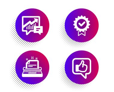 Sertifika, Daktilo ve Muhasebe simgeleri ayarlandı. İşaret gibi. Doğrulanmış ödül, Talimat, Tedarik ve talep. Vektör