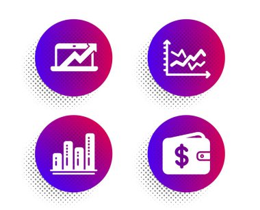 Grafik grafiği, Satış diyagramı ve Diyagram grafik simgeleri ayarlanır. Dolar cüzdan tabelası. Vektör