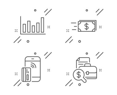 Para transferi, Temassız ödeme ve Sütun grafik simgeleri ayarlanır. Muhasebe raporu işareti. Vektör
