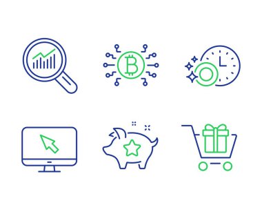 Bitcoin sistemi, Veri analizi ve Internet simgeleri ayarlayın. Bulaşık makinesi zamanlayıcı, Sadakat puanları ve Alışveriş sepeti işaretleri. Vektör