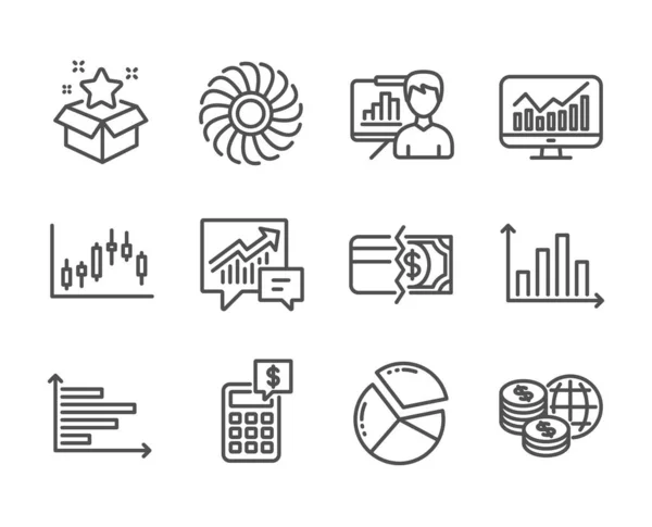 Ensemble d'icônes Finance, telles que Tableau de présentation, Calculatrice, Diagramme à secteurs. Vecteur — Image vectorielle