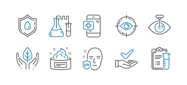 Set of Healthcare icons, such as Skin cream, Chemistry lab, Uv protection. Vector