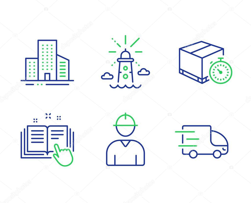 Technical documentation, Lighthouse and Buildings icons set. Engineer, Delivery timer and Truck delivery signs. Vector
