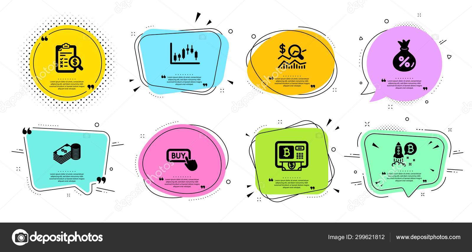 대출, 구매 버튼 및 비트 코인 프로젝트 아이콘 세트. 촛대 그래프, 저축 및 투자 표지판을 확인합니다. 벡터 스톡 벡터 -  ©Blankstock 299621812