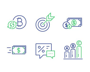 İndirimler, Hedef ve Dolar para simgeleri ayarlayın. Para transferi, Bitcoin ve Grafik grafik işaretlerini yenileyin. Vektör