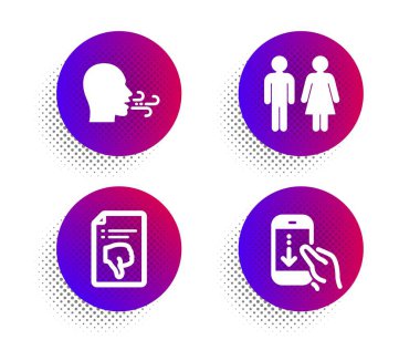 Tuvalet, Nefes egzersiz ve Thumb aşağı simgeleri ayarlayın. Aşağı işareti kaydırın. Wc tuvalet, Nefes, Reddet dosyası. Vektör