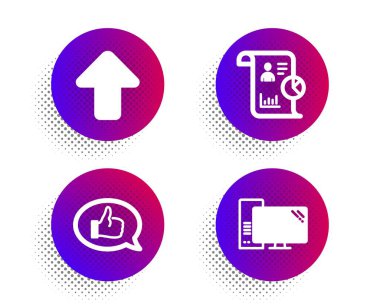 Yükleme, Geri Bildirim ve Rapor simgeleri ayarlandı. Bilgisayar işareti. Yük ok ucu, Konuşma balonu, Çalışma istatistikleri. Vektör