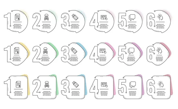 Sprechblase, USB-Flash und Befestigungssymbole gesetzt. Brainstorming, Chemikaliengefahr und das Lesen von Gebrauchsanweisungen. Vektor — Stockvektor