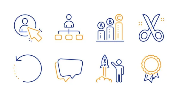 Conjunto de ícones de projeto Usuário, Gerenciamento e Lançamento. Tesoura, bolha de fala e gráficos. Vetor —  Vetores de Stock