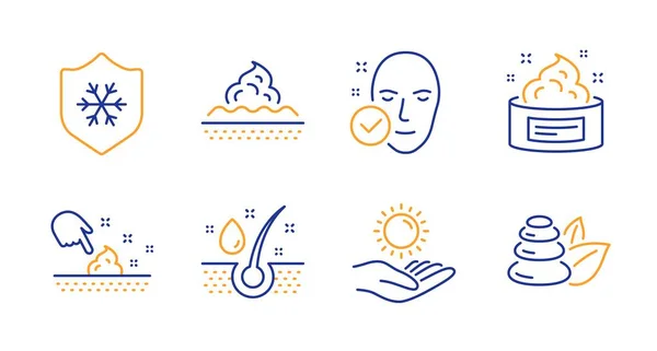 Conjunto de iconos para el cuidado de la piel, aceite sérico y piel. Protección solar, signos de piedras de spa. Vector — Archivo Imágenes Vectoriales