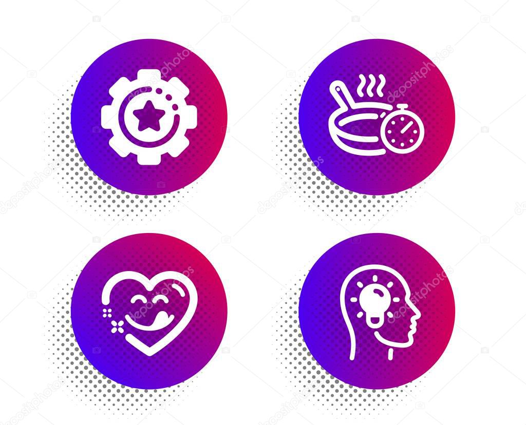 Frying pan, Settings gear and Yummy smile icons set. Idea head sign. Vector