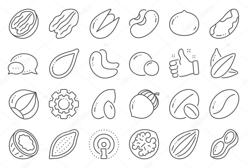 Nuts and seeds line icons. Hazelnut, Almond nut and Peanut. Vector
