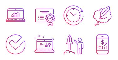 Ses denetimi, Telif Hakkı sohbeti ve Saat değişikliği simgeleri ayarlanır. Sertifika, Çevrimiçi istatistikler ve Başlat proje işaretleri. Vektör