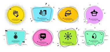 Restoran gıda, alkışlama elleri ve Madalya simgeleri ayarlayın. Yaprak çiy, Teklif balonu ve Muhasebe zenginlik işaretleri. Vektör