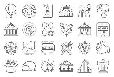Lunapark hattı simgeleri. Atlıkarıncalar, Roller coaster ve Circus seti. Vektör