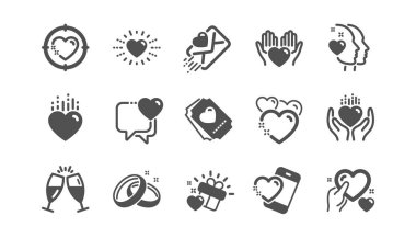 Aşk simgeleri. Hediye kutusu, Kalp ve Romantik mektup. Klasik set. Vektör