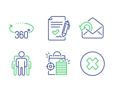 Seo alışveriş, posta ve Grup simgeleri ayarlayın gönder. Onaylı anlaşma, 360 derece ve Kapat düğmesi işaretleri. Vektör