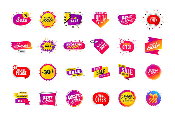 Sale banner badge. Special offer discount tags. Coupon shape templates. Best offer badge. Super discount icons. Vector
