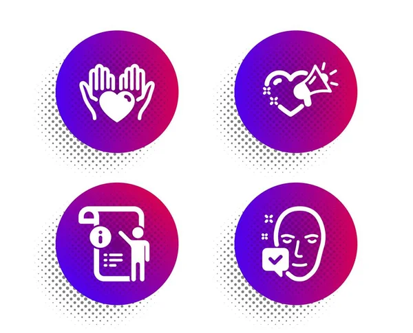 Houd hart, handmatige doc en Love Message icons set. Gezicht geaccepteerd teken. Zorg liefde, project info, hart. Vector — Stockvector