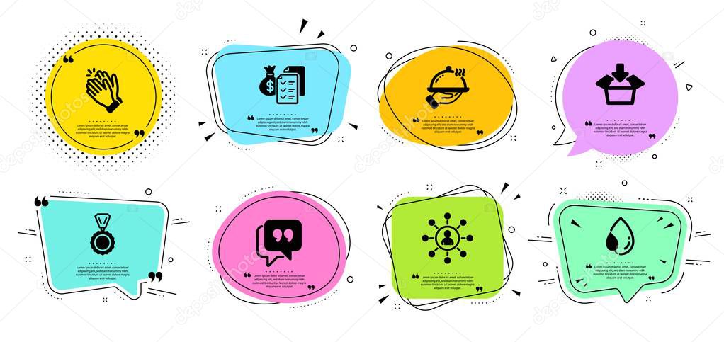 Restaurant food, Clapping hands and Medal icons set. Leaf dew, Quote bubble and Accounting wealth signs. Vector