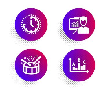 Zaman, Davul ve Sunum simgeleri ayarlayın. Anket sonuçları işareti. Saat, Drumsticks, Eğitim kurulu. En iyi cevap. Vektör