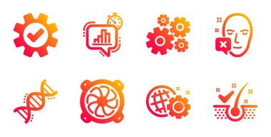 Hizmet, İstatistik zamanlayıcı ve Bilgisayar fan simgeleri ayarlayın. Cogwheel, Seo dişli ve Kimya DNA işaretleri. Vektör