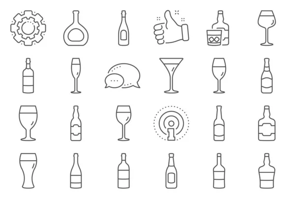 Ícones de linha de garrafa de vinho. Conjunto de cervejas artesanais, uísque e copos de vinho. Vetor — Vetor de Stock