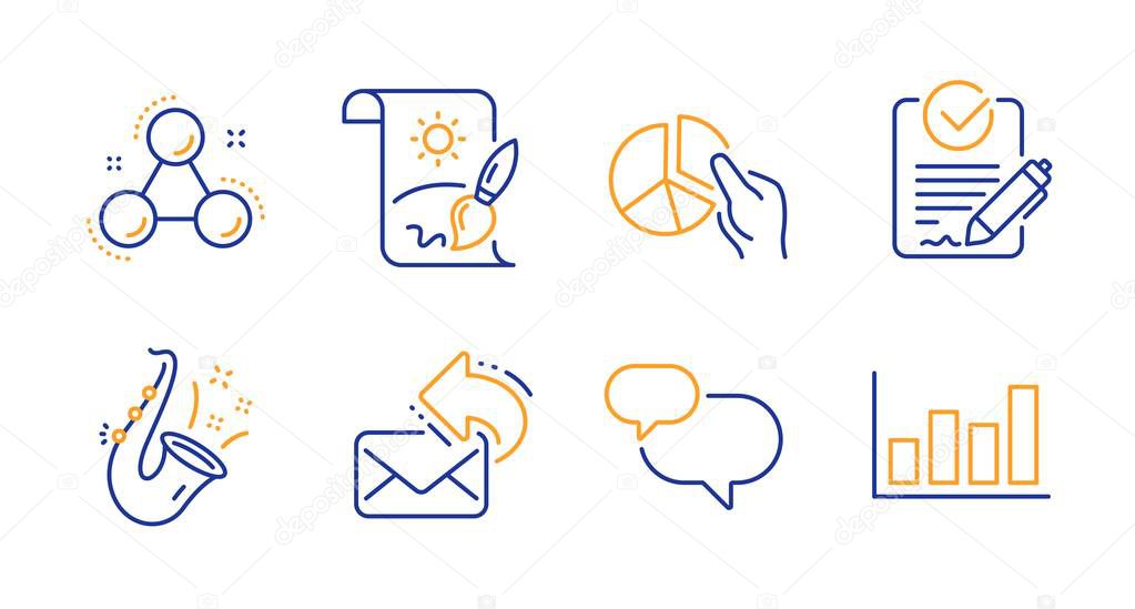 Share mail, Chat message and Rfp icons set. Chemistry molecule, Pie chart and Jazz signs. Vector