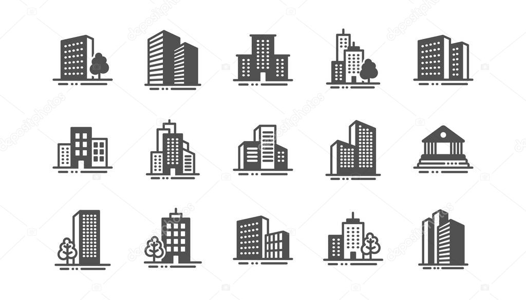 Buildings icons. Bank, hotel, courthouse. City architecture, skyscraper building. Vector