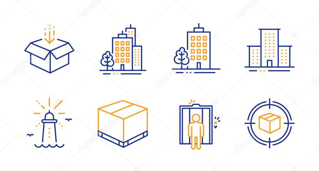 Buildings, Skyscraper buildings and Lighthouse icons set. Get box, Delivery box and University campus signs. Vector
