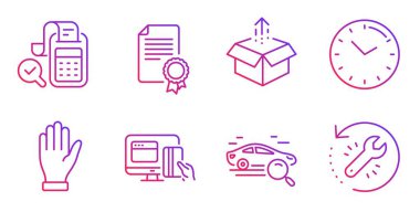 Arama araba, El ve Sertifika simgeleri ayarlayın. Fatura muhasebesi, kutu ve Saat işaretleri gönder. Vektör