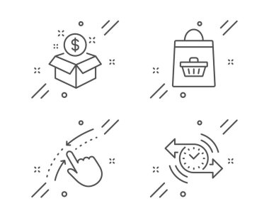 Yukarı kaydırın, Paket gönder ve Çevrimiçi satın alma simgeleri ayarlayın. Zamanlayıcı işareti. Aşağı in, Posta Kutusu, Alışveriş arabası. Kronometre. Vektör