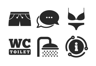 Yüzme havuzu simgeleri. Duş ve mayo işaretleri. Vektör